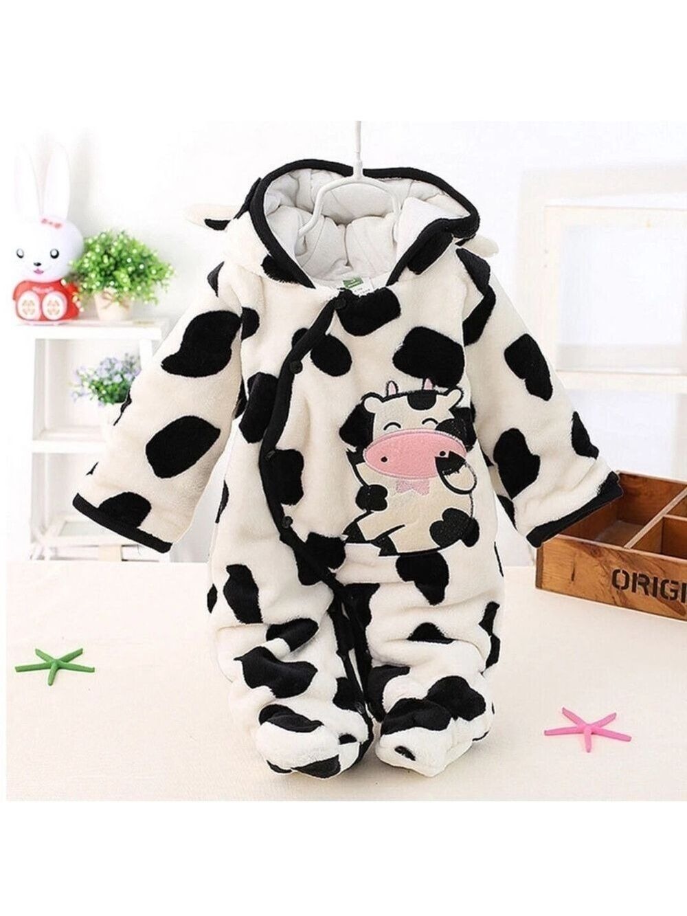 Baby Cow Costume Footed Polka Dot Romper w/Hood Halloween Size 6-12 Months